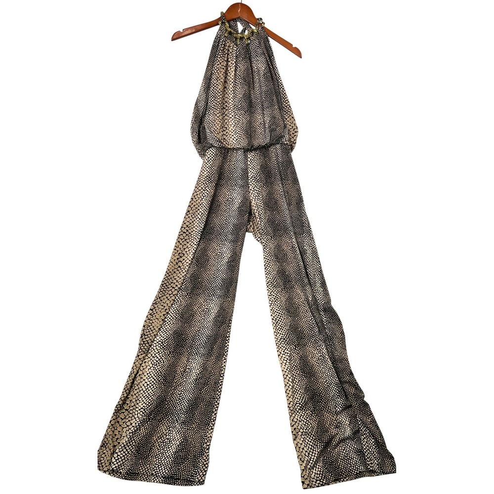 Janine Snakeskin Print Halter Jumpsuit L Gold Black Wide Leg Glam Animal Print
